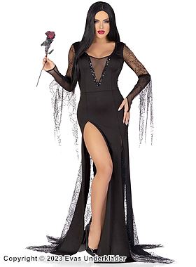 Morticia aus der Addams Family, Kostüm-Kleid, hoher Schlitz, zerfetzte Ärmel, Falten